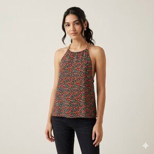 Elie Tahari Gold Chain Strap Halter Top - Brown Ditsy Floral - Size Small